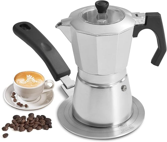 2Pcs - 1 Moka Pot Espresso + 5.5 Inch Stainless Steel Induction Plate Adapter, 6 Cup Aluminium Italian Stovetop Espresso Maker, Transparent Cover, Portable Coffee Maker for Camping by Unknown