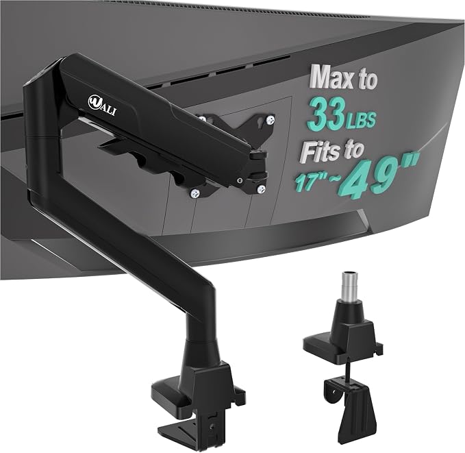 WALI Heavy Duty Single Monitor Arm for 17-49 Inch Flat Curved Ultrawide Screens, up to 33 Lbs, Adjustable Single Monitor Desk Mount for Home Office Gaming, VESA 75/100mm (GSM001XLN), Black by WALI