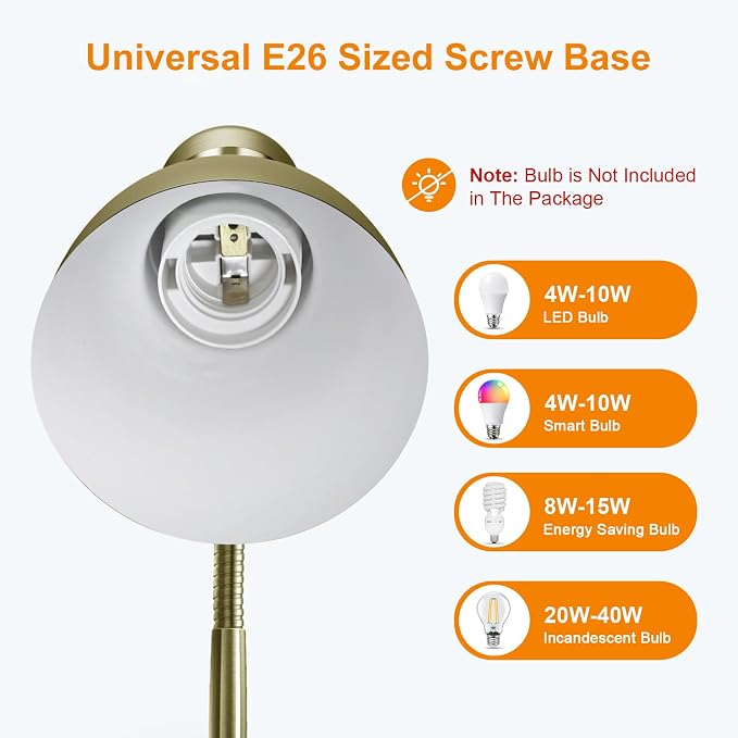 LEPOWER Metal Desk Lamp, Adjustable GooseNeck Reading Light for Bedroom | Compact & Sturdy, Space-Saving for Bedside & Dorm, E26 Table Lamp, Eye-Caring, Ideal for Study, Office, Back to School - Image 4