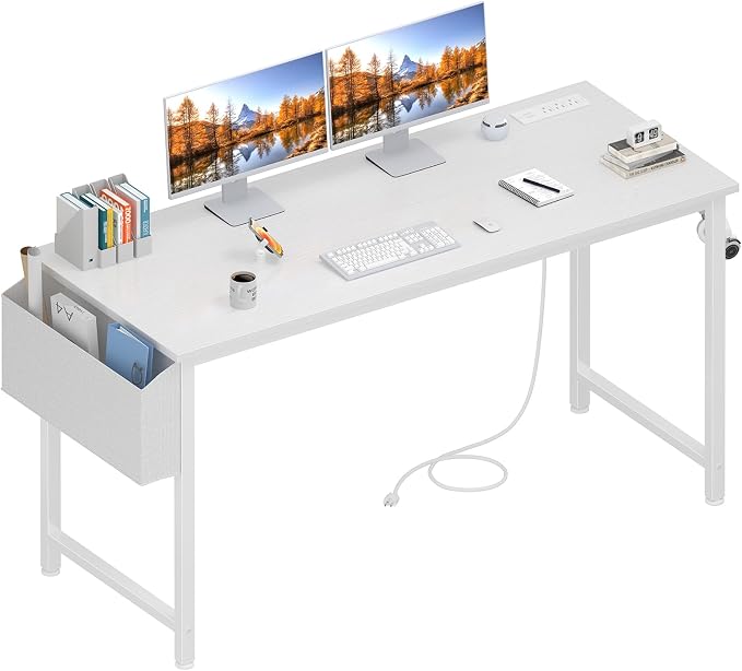 Lufeiya White Computer Desk with Power Outlet, 55 inch Teen Study Table Home Office Work Writing Gaming Desks with Charging Station Outlets Built in, White by LUFEIYA