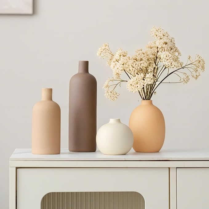 Modern Ceramic Vase Set, Neutral Colors, Decorative Vases for Home Shelf Decor, 4 Piece Collection, Happy Birthday Gifts for Women Mom Her Friend Sister Wife Grandma, Self Care Gift (Coffee Mix set 4) - Image 2
