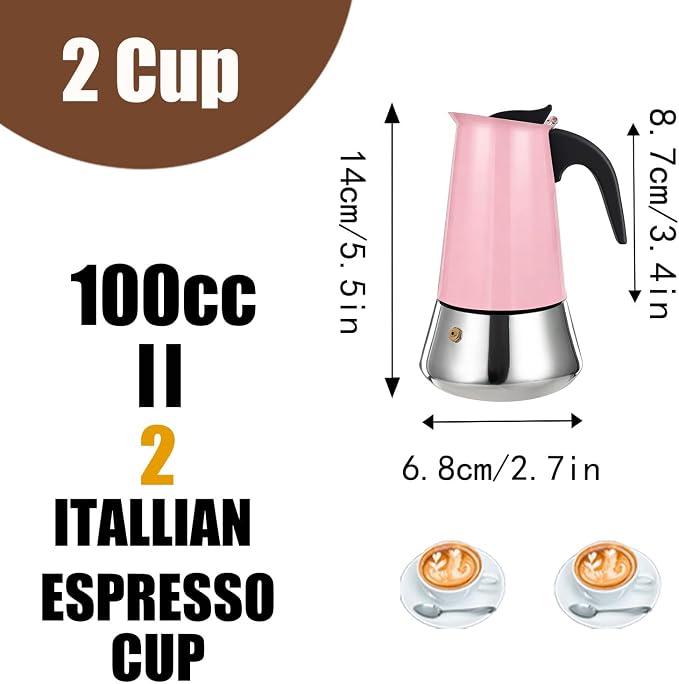 2 Cup Stovetop Espresso Maker Stainless Steel Moka Pot Stove Top Percolator Italian Coffee Makers Capable Mocha Greca Machine Cafe Classic Induction Cookers for Home and Camping 100ml 3.3oz - Image 3