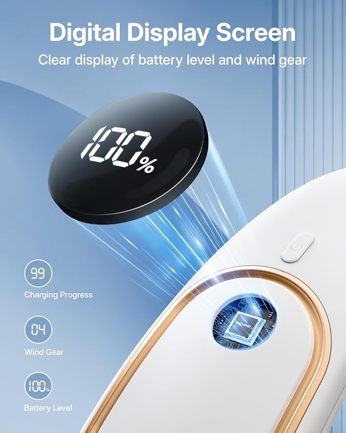 SHEWIND Portable Neck Fan - 5000mAh Rechargeable Hands-Free Wearable Fan | 4 Speeds, Bladeless & LED Display | Personal Cooling Fan for Travel, Outdoors, Camping - White - Image 6