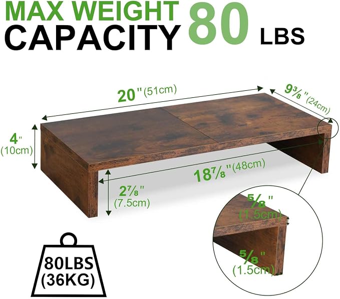 TEAMIX 2 Pack Monitor Stand Riser-20 inch, Wooden Tabletop Shelf for TV/PC/Laptop/Printer, Rustic Brown Monitor Riser with Storage, Computer Stand Ergonomic Design - Image 4