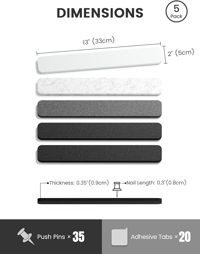 Fluxynara 13" x 2" Felt Wall Panels, Concrete Echo | 5-Pack Cork Board Alternative with 35 Push Pins, Adhesive Mounting for Bedroom Door or Home Office - Image 2