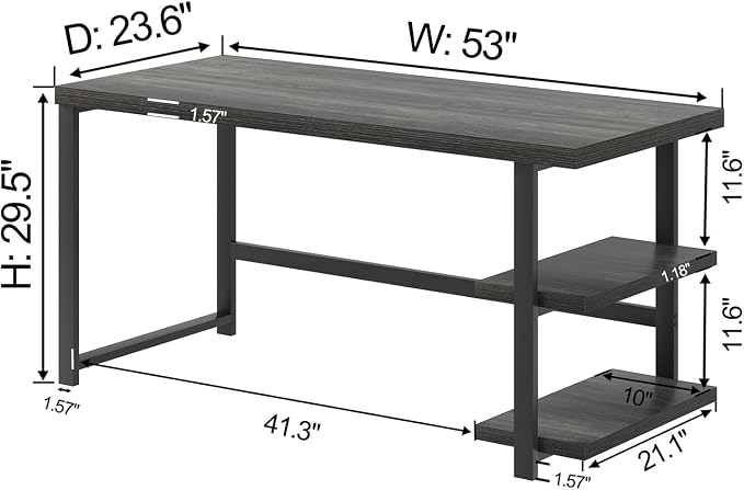 FOLUBAN Home Office Desk, Modern Computer Desk with Storage Shelf, Wood Study Writing Gaming Table for Bedroom Living Room, Industrial Dark Gray, 53 Inch - Image 2