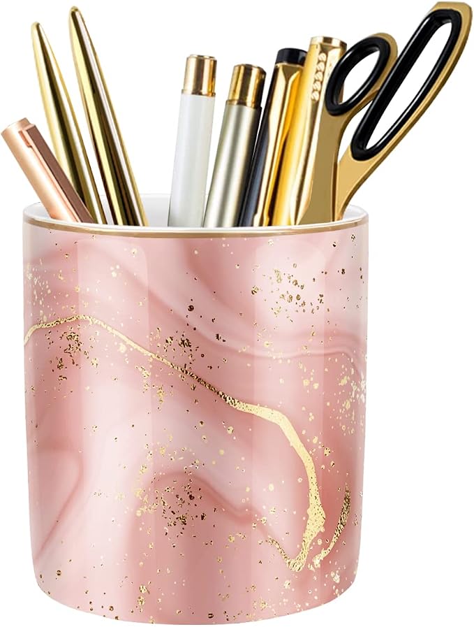 Large Capacity Colored Pen Holder for Desk, Ceramic Pencil Holder Pen Cup Marker Holder Makeup Brush Holders, Desk Accessories & Workspace Organizers for Home, Office, Red Marble by WAVEYU