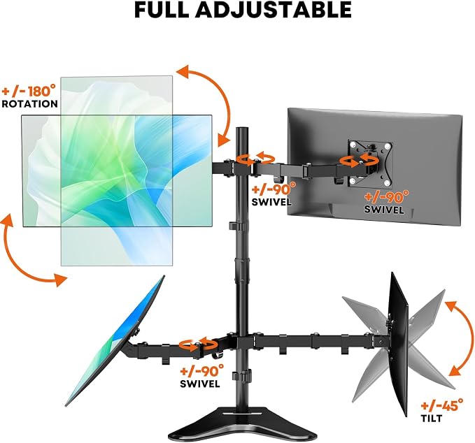 PUTORSEN Quad Monitor Stand for 4 Screens, 17-32", 19.8 lbs Each | Stacked 4-Screen Desk Mount with Full-Motion Arms, VESA 75/100, Tilt, Swivel & Rotation, Larger Base with Phone Slot, Black - Image 3
