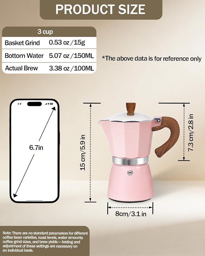 Coffee Maker Stovetop Espresso Maker 3 Cup Aluminum Moka Pot Percolator 5oz 150ml Easy Brewing for Electric Ceramic Stoves Home Camping Italian Cuban Café Classic Sip Sized Pink - Image 2