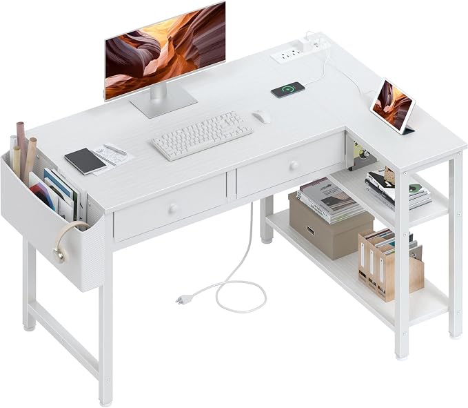 DLisiting Small White L Shaped Desk with Drawers & Storage Shelves, 40 Inch Corner Desk with Power Outlet for Small Space Home Office, Study Work PC Desks for Bedroom by Unknown