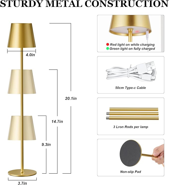 Kakanuo 20" Cordless Table Lamp Rechargeable Gold - 2 Pack 5000mAH Battery Operated Lamp for Counter, 3 Color Stepless Dimming Wireless Lamp for Dining Kitchen, Outdoor Patio, Touch Control - Image 2