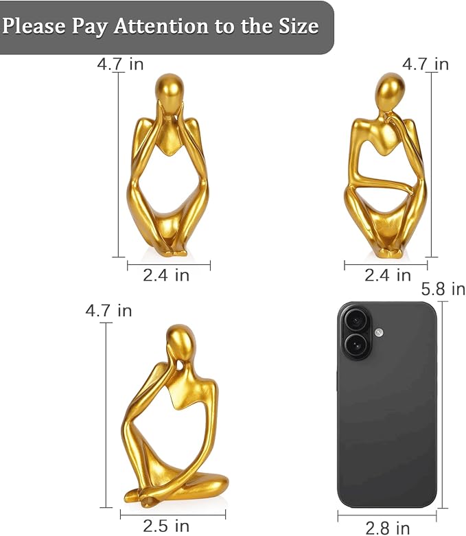 Sandstone Resin Thinker Style Abstract Sculpture Statue Collectible Figurines Home Office Bookshelf Desktop Decor (Small Gold, 3pcs) - Image 2