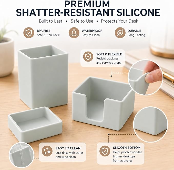 minimaliving Aesthetic Silicone Desk Organizer Set of 3,Modern Office Desk Accessories with Pen Holder,Paperclip Tray,Sticky Note Holder,Stylish Functional Office Desk Decor for Back-to-school(Grey) - Image 6
