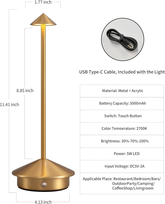 Modern Cordless Table Lamp Set of 2, Gold Portable LED Desk Lamps | 5000mAh, Rechargeable, Battery Operated Lighting for Bedroom, Dining Room, Restaurant, Coffee Shop, Camping, Night Light - Image 5