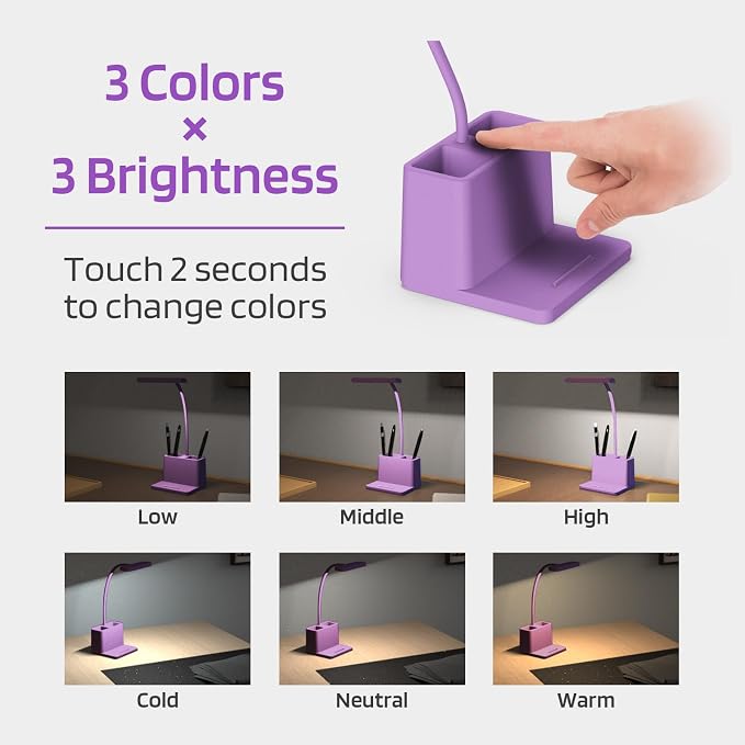 AXX Purple Desk Lamp, Cute Table Light for Home Office College Dorm | Small, LED, Rechargeable, Battery Operated, Cordless, Gooseneck, Mini, Study Accessories, for Teen Girls - Image 3