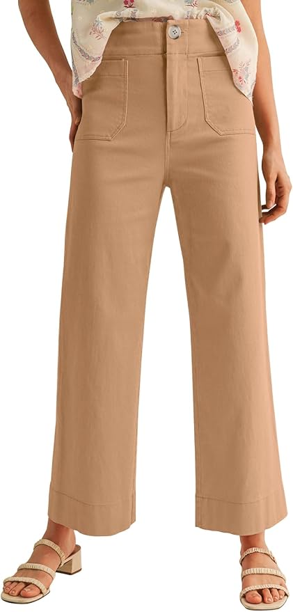 miduo Womens High Waisted Cropped Wide Leg Stretchy Straight Pants Trousers with Pockets by miduo