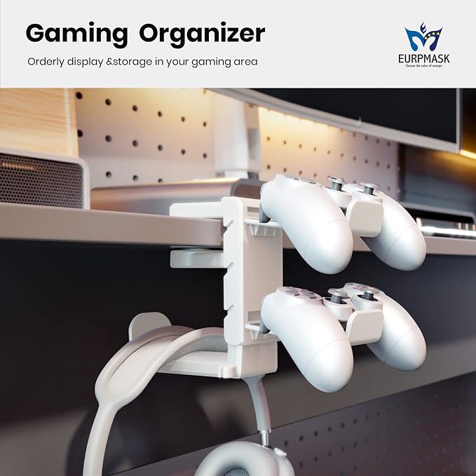 3-in-1 Headset&Controller Holder - EURPMASK Upgraded PC Gaming Headset Stand, Adjustable Clamp-on Headphone Holder,Headphone Controller Hook Under Desk w/ 360 Degree Swivel&Cable Clip Organizer-White - Image 2