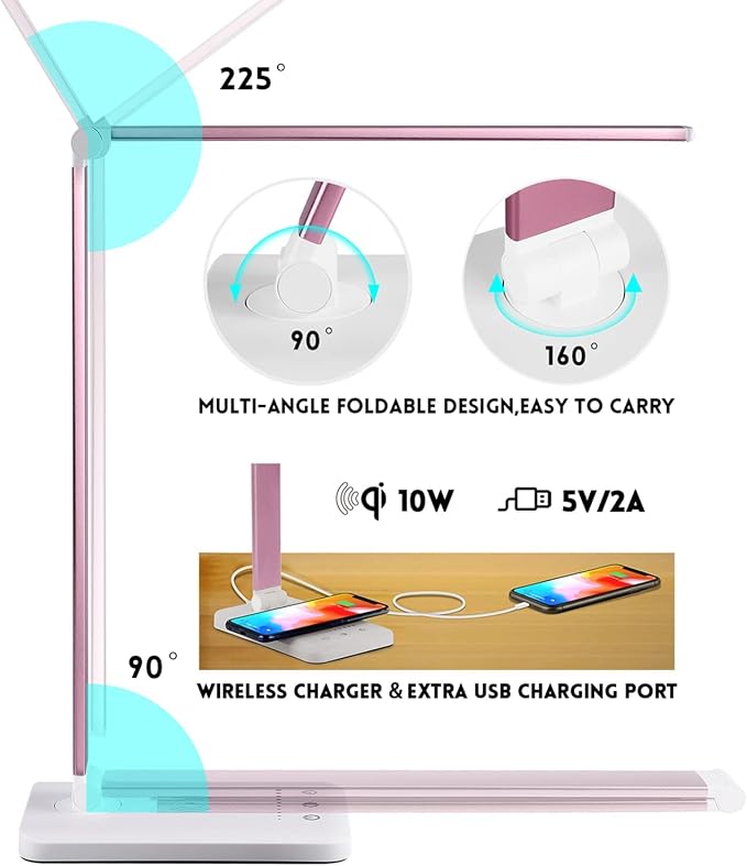 LED Desk Lamp with Wireless Charger, USB Charging Port, Desk Lighting with 10 Brightness, 5 Color Modes, Dimmable Eye Caring Reading Desk Lamps for Home Office, Touch Control, Auto Timer, Pink - Image 3
