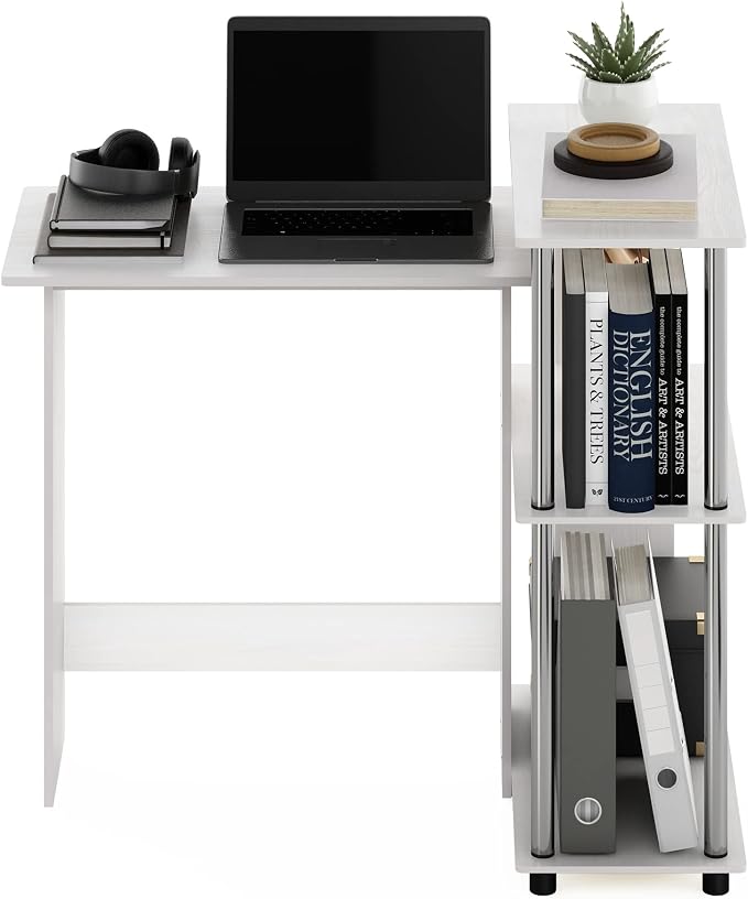 Furinno Abbott Corner Computer Desk with Bookshelf, White Oak/Chrome - Image 4