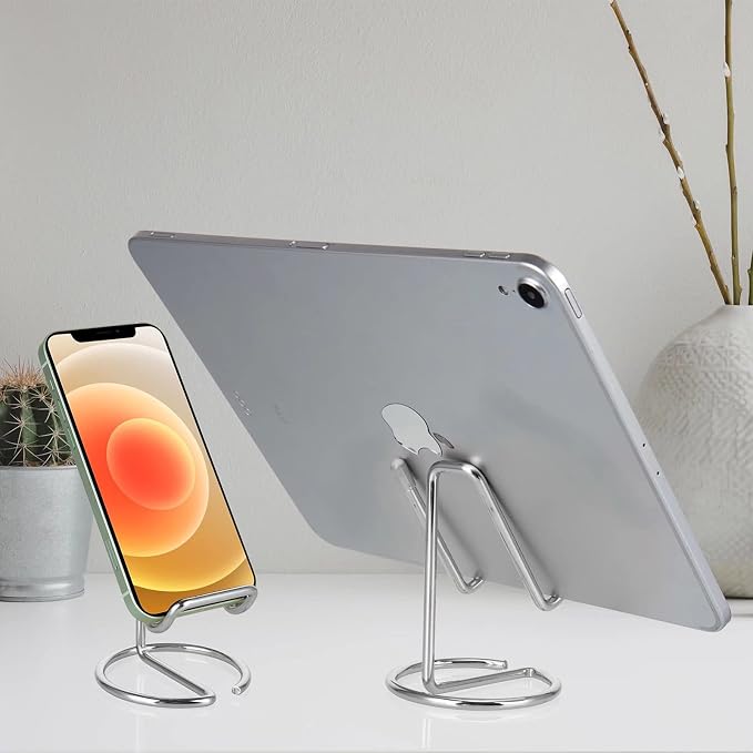 ROPOSY Cell Phone Stand for Desk, Cute Metal Silver Cell Phone Stand Holder Desk Accessories, Compatible with All Mobile Phones, iPhone, iPad - Image 6