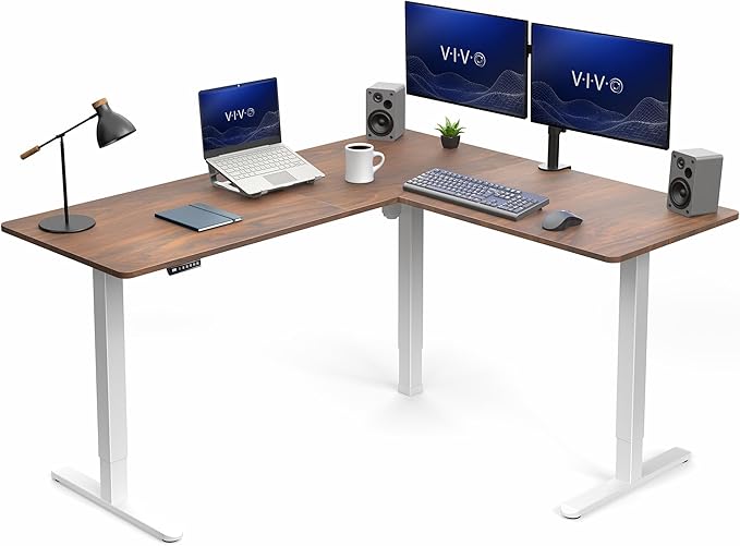VIVO Dark Walnut 63 x 55 in Corner Standing Desk, DESK-E3CTWD | Electric, Reversible L-Shaped Table, Sit Stand, Height Adjustable, Memory Controller, Office Furniture Sets, White Frame by Unknown