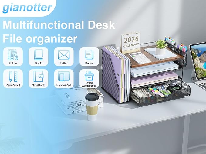 gianotter Desk Organizers and Accessories with File Holder, 4-Tier Desk Accessories & Workspace Organizers with Drawer and 2 Pen Holder, Paper Organizer for Office Supplies (Wood) - Image 4