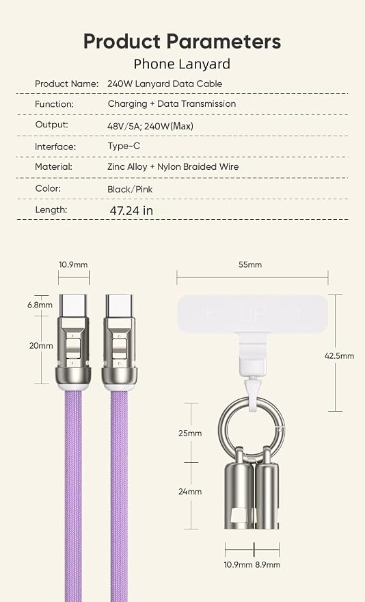 Phone Wrist Lanyard,Built-in 240W USB-C Phone Lanyard Charging Cable Fast Charge & Data Transfer with Tether Tab - Image 3