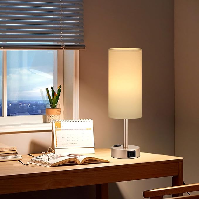 Antique White Bedside Table Lamp for Bedroom - 3 Way Dimmable Touch Lamp USB C Charging Ports and AC Outlet, Small Lamp Gold Base Round Flaxen Fabric Shade for Living Room, Desk, LED Bulb Included - Image 7