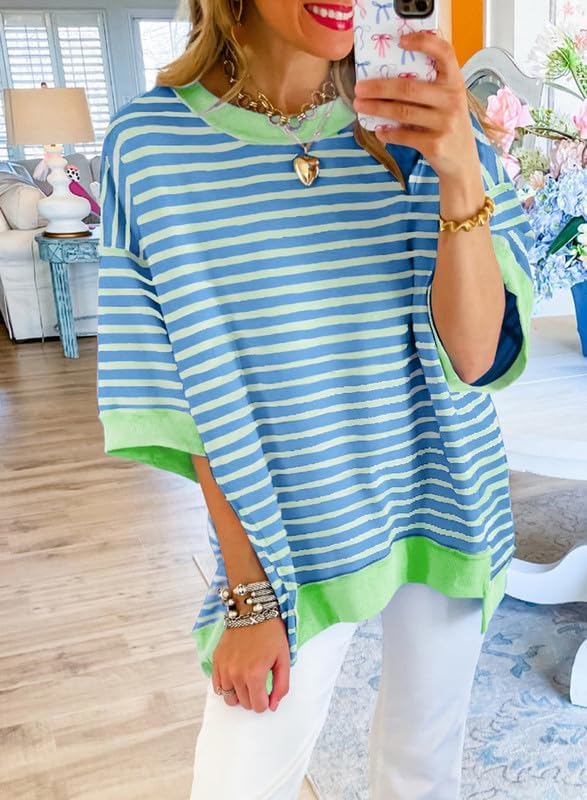 SHEWIN Womens Tops Casual Short Sleeve Sweatshirt Crewneck Striped Shirt Pullover T Shirts Loose Blouses - Image 3