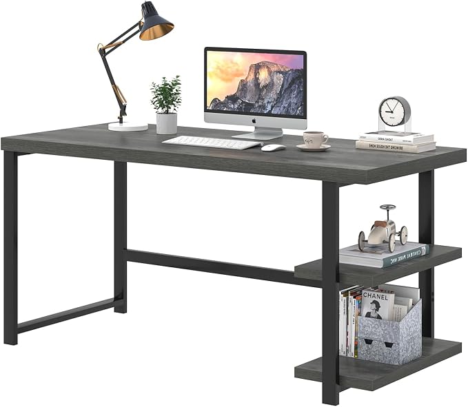 EXCEFUR Industrial Computer Desk, Home Office Desk with Storage Shelves, Wood Study Writing Table for Bedroom, Living Room, Grey, 53 Inch - Image 8