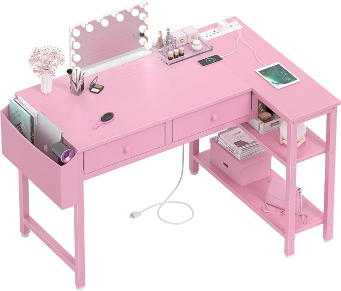 DLisiting Pink Reversible L Shaped Desk with Drawers and Shelves, Small Kids Study Vanity PC Computer Desk with Storage for Girls, Corner L-Shaped Desks for Small Space Bedroom by Unknown
