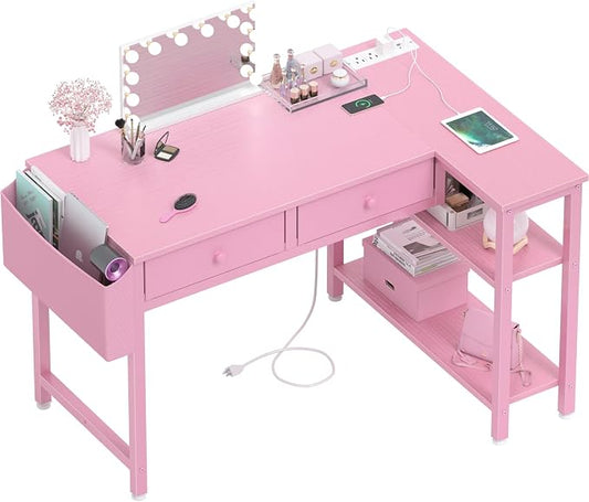DLisiting Pink Reversible L Shaped Desk with Drawers and Shelves, Small Kids Study Vanity PC Computer Desk with Storage for Girls, Corner L-Shaped Desks for Small Space Bedroom by Unknown