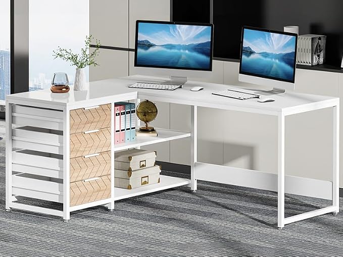 Tribesigns L Shaped Computer Desk with Storage Drawers, 59 inch Corner Desk with Shelves, Reversible L-Shaped Office Desk Study Writing Table Workstation for Home Office, White - Image 8