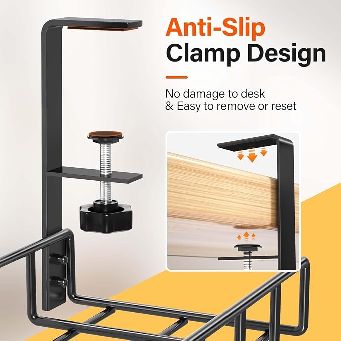 3 Pack Cable Management Under Desk Tray, 47.1" No Drill Under Desk Wire Management with Upgraded Clamp, Metal Cord Organizers with Cable Organizers, PC Cord Organization Rack, Black - Image 5