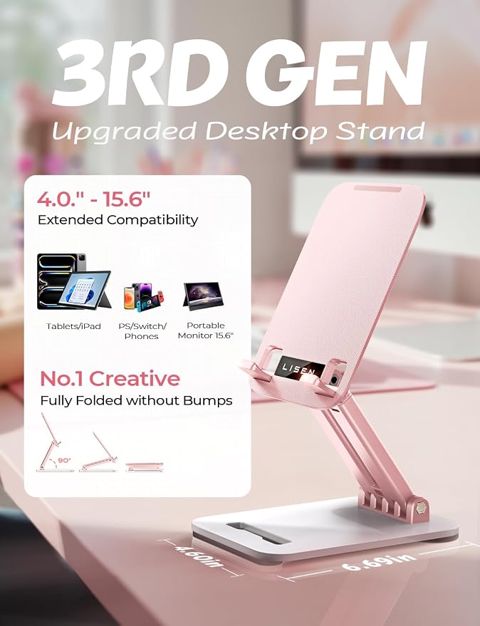 LISEN for iPad Stand Adjustable Tablet Holder Desk, iPad Accessories Pink | Foldable eBook Readers Desk Accessories Fits Kindle Stand 4-15.9" - Image 2