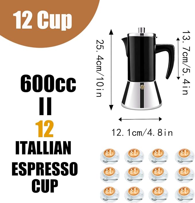 12 Cup Thickened 304 Stainless Steel Moka Pot Stovetop Espresso Maker Cafeteras Italian Percolator Espress Makers Capable Greca Mocha Coffee Machine for Induction Home and Camping 600ml 20oz - Image 2