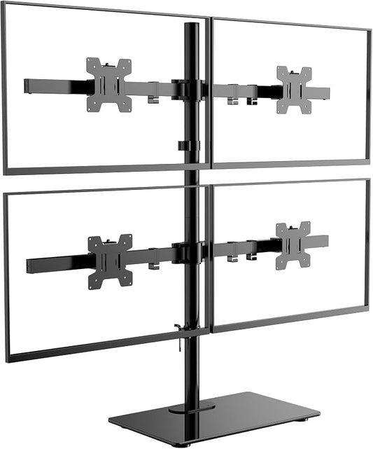 WALI Freestanding Quad Monitor Mount for 17-27 Inch Screens, Fully Adjustable 4 Monitor Stand with Swivel, Tilt, Rotation, Glass Base, Max Load 22 lbs per Arm (GMF004), Black by WALI