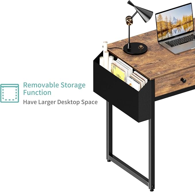 Lufeiya Small Computer Desk with 2 Drawers for Bedroom, 31 Inch Home Office Desk with Storage Fabric Drawer and Bag, Study Writing Table for Small Spaces, Rustic Brown - Image 8