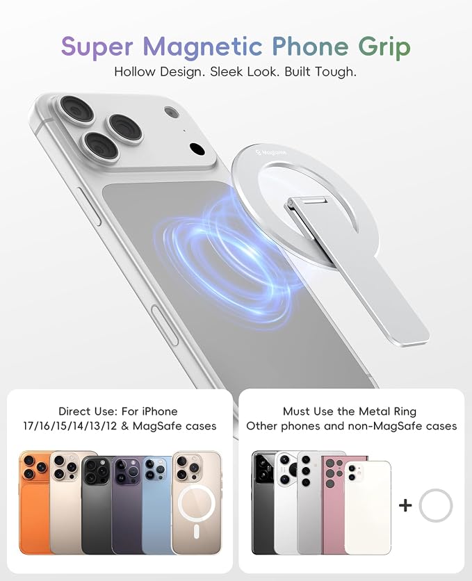 Magnetic Phone Stand Grip, 3-in-1 for MagSafe Phone Holder & Kickstand, Durable Silver Aluminum Grip, Ultra-Slim 2mm, 360° Rotation, Detachable for MagSafe Charging, Works with iPhone 17–12 - Image 3