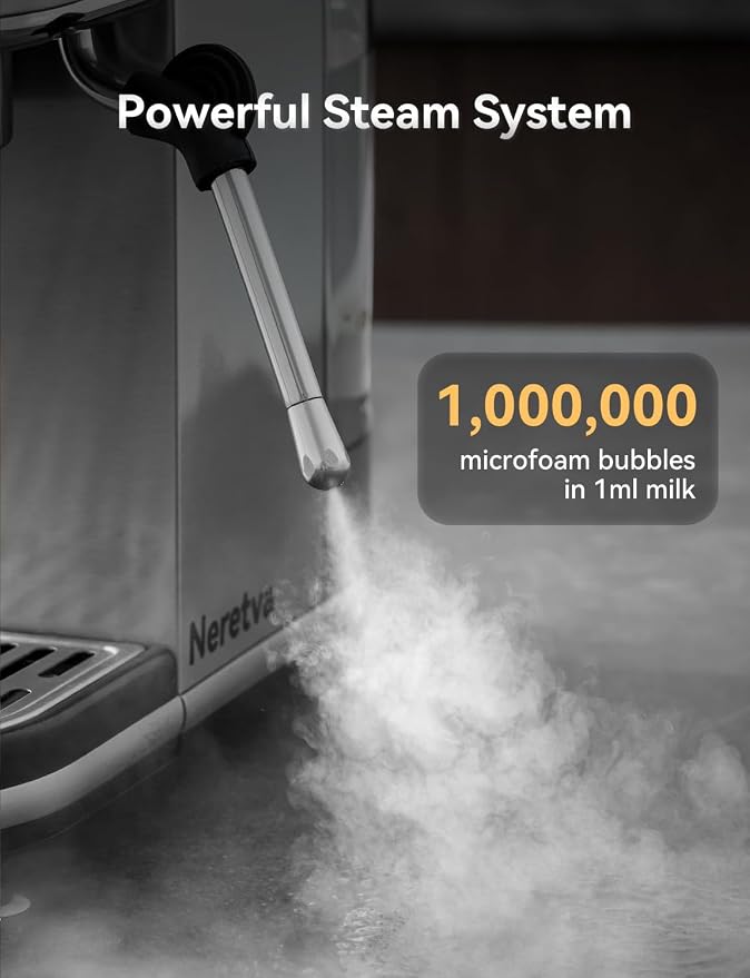 Neretva Espresso Machine 20 Bar, Super Compact Espresso Maker Stainless Steel Professional Coffee Machine Espresso with Power Steam & LED Display for Home Barista Latte and Cappuccino Maker-Silver - Image 5