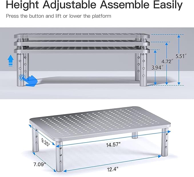 HUANUO Monitor Riser - 3 Height Adjustable Stand for Laptop, Computer, iMac, PC, Printer, Desktop Ergonomic Metal Monitor Riser with Mesh Platform - Image 3