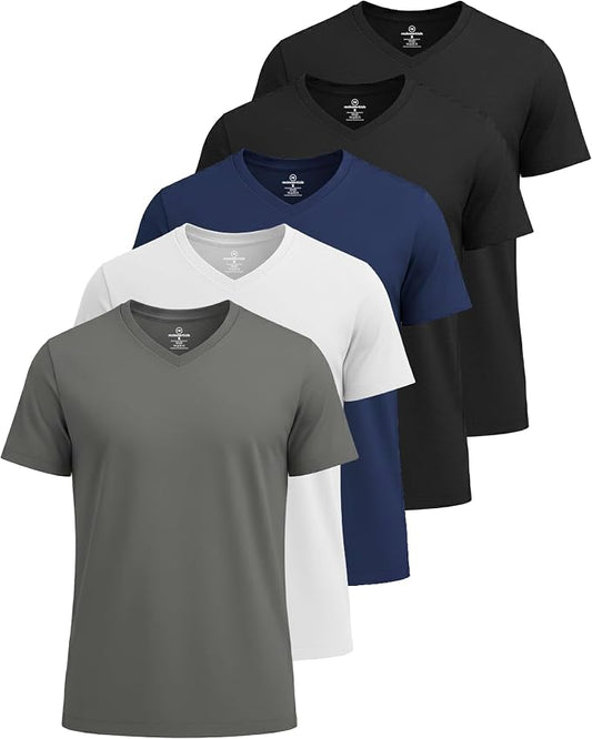 5 Pack Men's Dry Fit V Neck Gym Workout T Shirts Athletic Moisture Wicking | Cooling, Quick Dry, Breathable, Short Sleeve, Exercise, Cycling, Sports, Outdoor, Fitness, Golf, Crossfit, Hiking, Tennis by RealEssentials