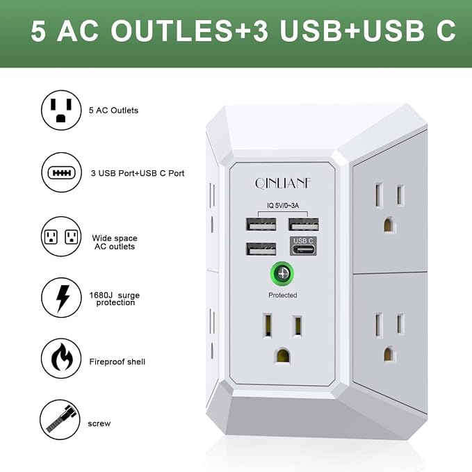 Wall Charger, Surge Protector, QINLIANF 5 Outlet Extender with 4 USB Charging Ports, 3-Sided 1680J Power Strip Multi Plug Adapter Spaced for Home Travel Office - Image 2