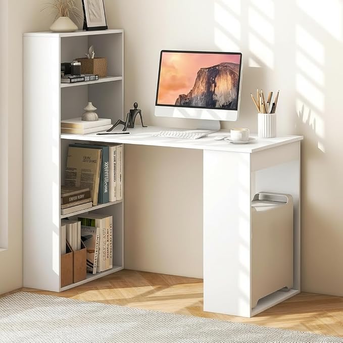 Tangkula White Computer Desk with Bookshelf, Writing Study Desk with Storage Shelves & CPU Stand, Modern Compact Computer Workstation for Home & Office, Space-Saving Design | Modern Compact Workstation w/Bookshelf Storage & CPU Stand, Space-Saving Desi... by TANGKULA