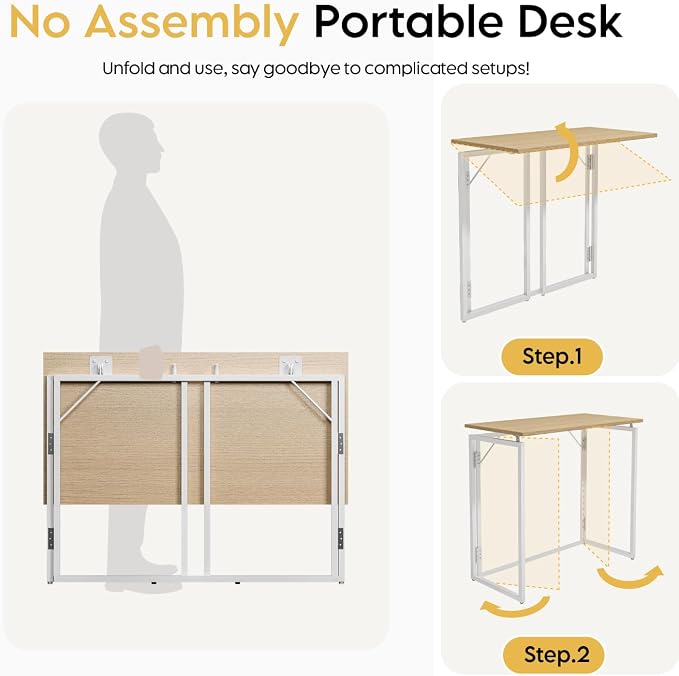 alawooder 31.5" Folding Desk: No Assembly, Wood Top for Small Spaces | Home office desk, holds 150 lbs, folds flat to 2.3 in, splash-proof wood top, sturdy metal frame - Image 7