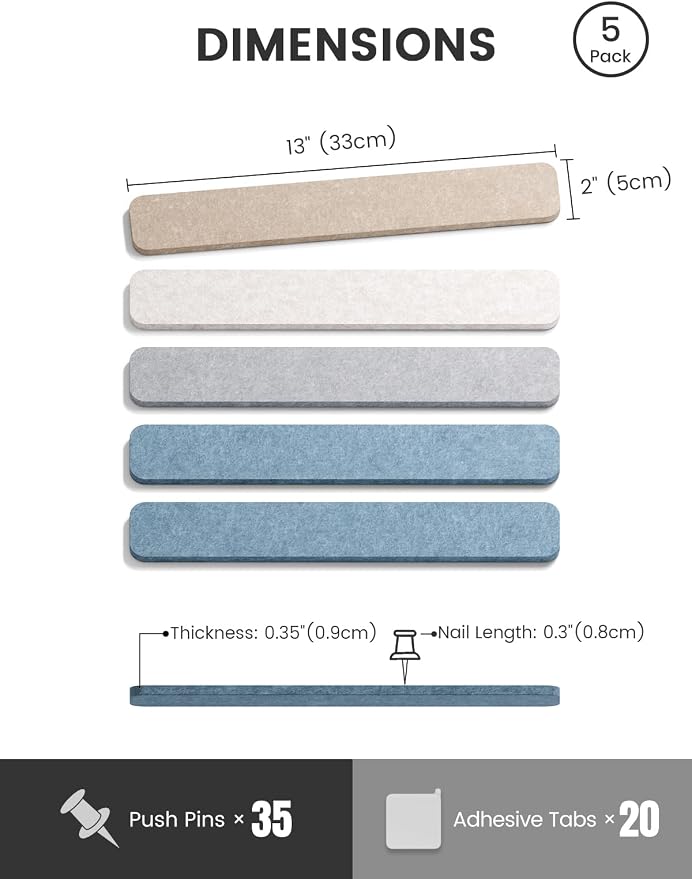Fluxynara 13" x 2" Felt Wall Panels, Coastal | 5-Pack Cork Board Alternative with 35 Push Pins, Adhesive Mounting for Bedroom Door or Home Office - Image 2
