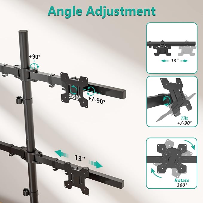 WALI Freestanding Quad Monitor Mount for 17-27 Inch Screens, Fully Adjustable 4 Monitor Stand with Swivel, Tilt, Rotation, Glass Base, Max Load 22 lbs per Arm (GMF004), Black - Image 5