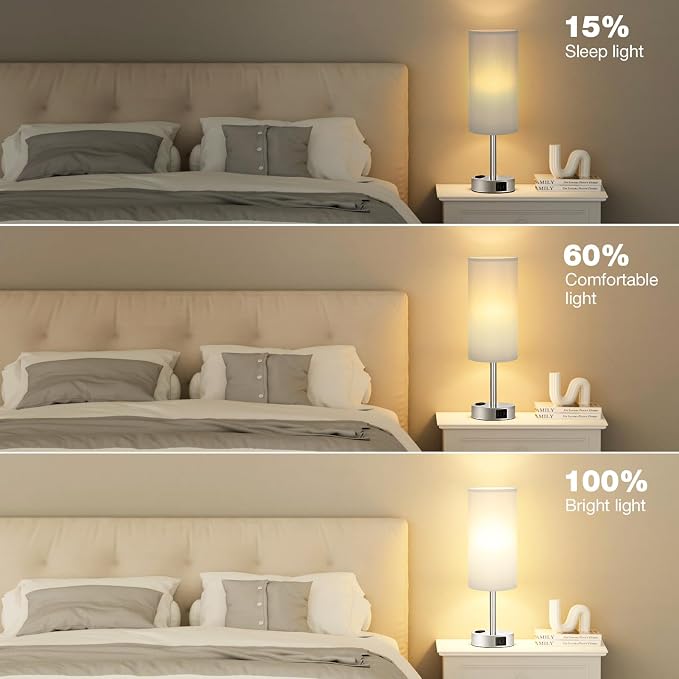 Fenmzee Light Grey Table Lamp for Nightstand - 3 Way Dimmable Touch Bedside Lamp USB C and A Charging Ports and AC Outlet, Small Desk Lamp with Silver Base for Office Nursery, LED Bulb Included - Image 5