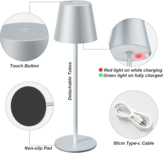 Kakanuo Silver Grey Cordless Lamp Rechargeable - 2 Pack 5000mAH Battery Operated Table Lamp for Counter, 3 Color Stepless Dimming Wireless Lamp for Dining Kitchen, Outdoor Patio, Touch Control - Image 6