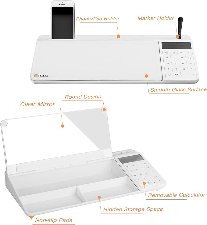 SELEAD Desktop Glass Whiteboard with Calculator & Built-in Mirror, Dry Erase White Board Computer Pad Keyboard Stand with Organizer Drawer, Desk Accessories for Home, School, Office - Image 5